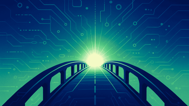 Futuristic digital illustration of a sleek bridge extending toward a glowing horizon with subtle circuit and robotic design elements, symbolizing the connection between science and vision in robotics.