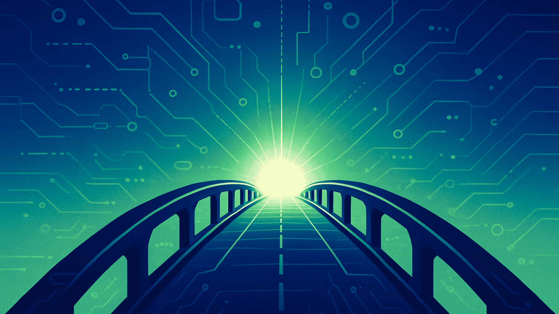 Futuristic digital illustration of a sleek bridge extending toward a glowing horizon with subtle circuit and robotic design elements, symbolizing the connection between science and vision in robotics.